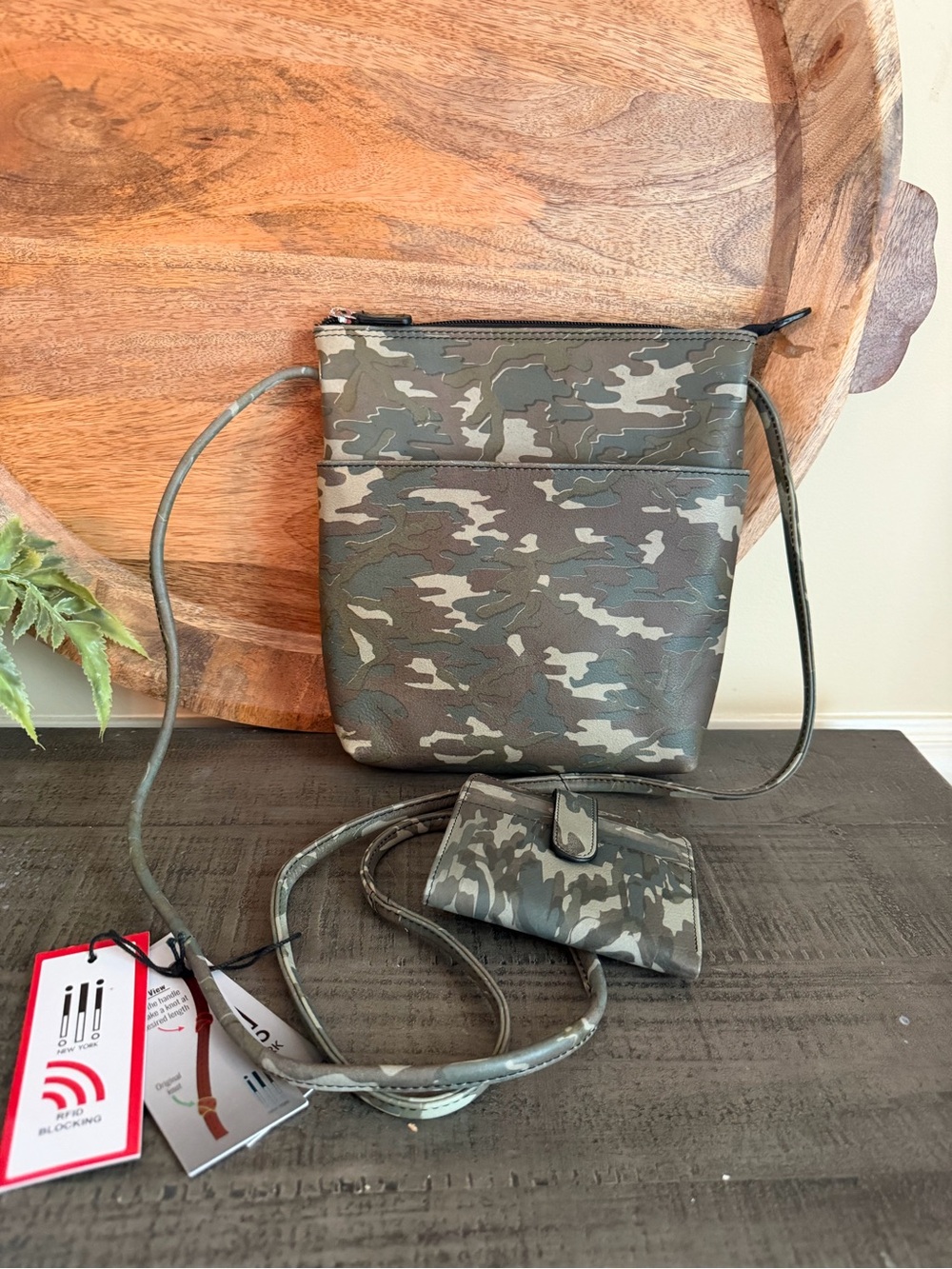 Ili New York Leather Camo RFID Crossbody Bag with Matching Card RFID Wallet NWT